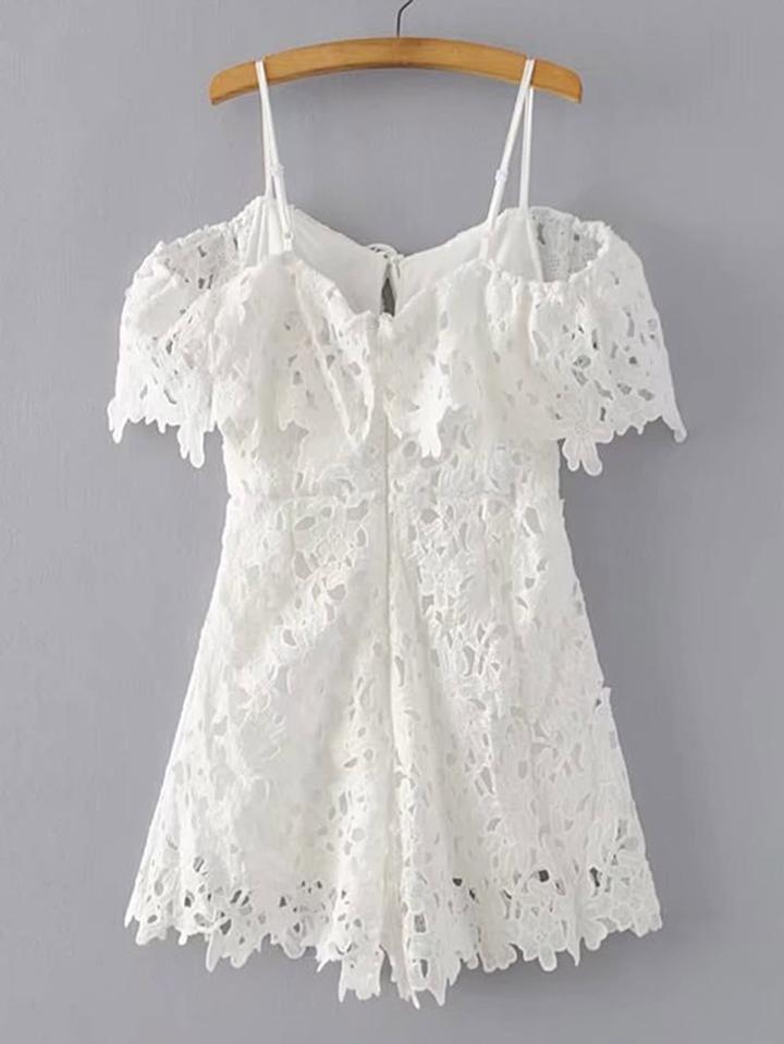 Romwe Cold Shoulder Tie Back Lace Playsuit