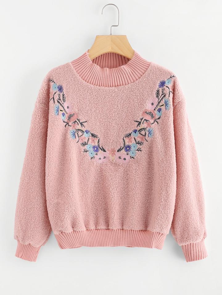 Romwe Floral Embroidered Faux Fur Sweater