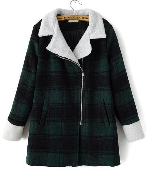 Romwe Check Print Zipper Black And Green Coat