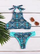 Romwe Blue Geo Print Halter Neck Bikini Set