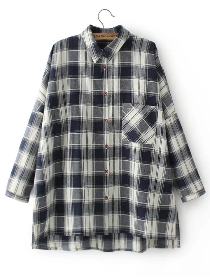 Romwe Drop Shoulder Seam Grid High Low Blouse