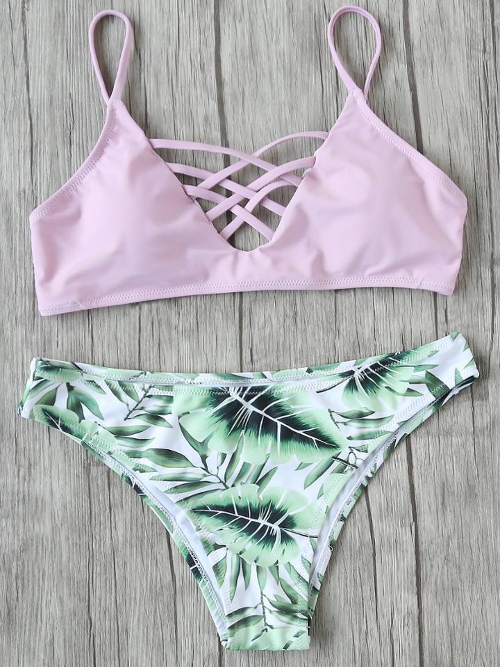 Romwe Pink Leaf Print Criss Cross Mix & Match Bikini Set