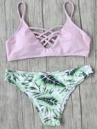 Romwe Pink Leaf Print Criss Cross Mix & Match Bikini Set