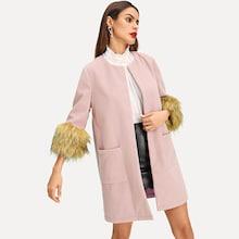 Romwe Faux Fur Contrast Cuff Pocket Front Coat