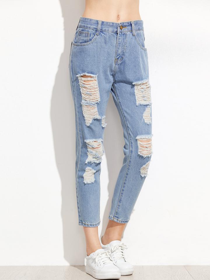 Romwe Light Blue Ripped Pockets Jeans