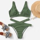 Romwe Plus V-plunge Ribbed Top With Cut-out Bikini Set