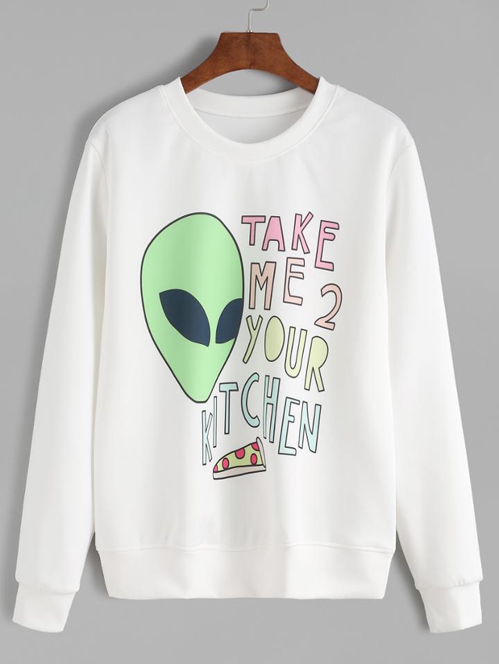 Romwe White Alien And Letter Print Sweatshirt