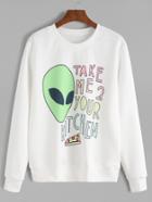 Romwe White Alien And Letter Print Sweatshirt