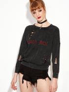 Romwe Black Raglan Sleeve Letter Embroidered Ripped Studded Sweatshirt