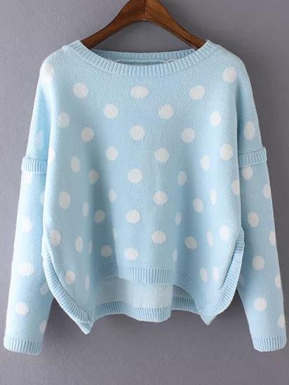 Romwe High Low Polka Dot Blue Sweater