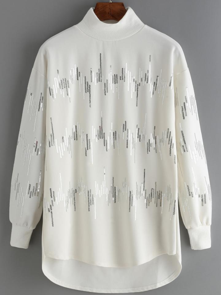 Romwe High Low Mock Neck Sequined White Sweatshirt