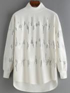 Romwe High Low Mock Neck Sequined White Sweatshirt