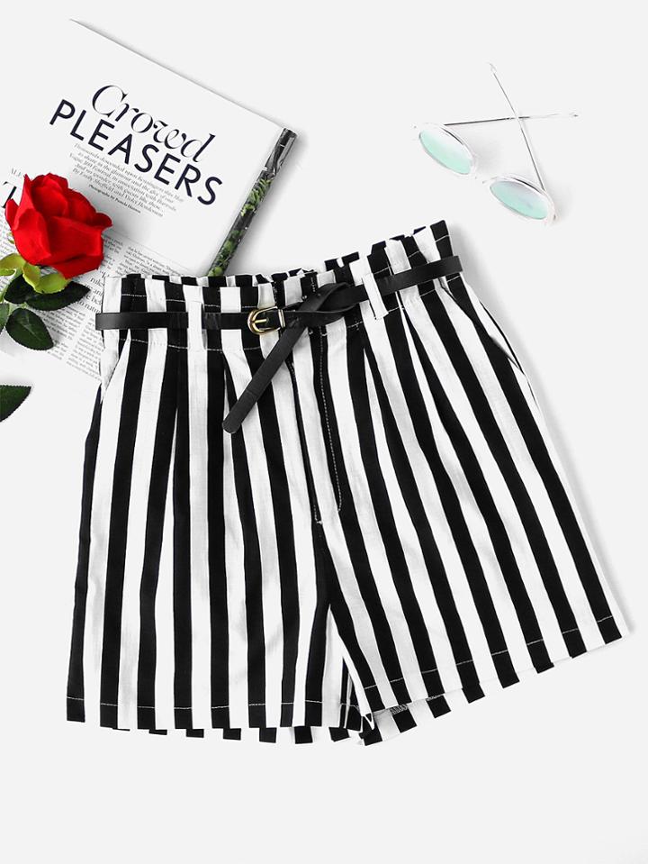 Romwe Vertical Striped Shorts With Belt