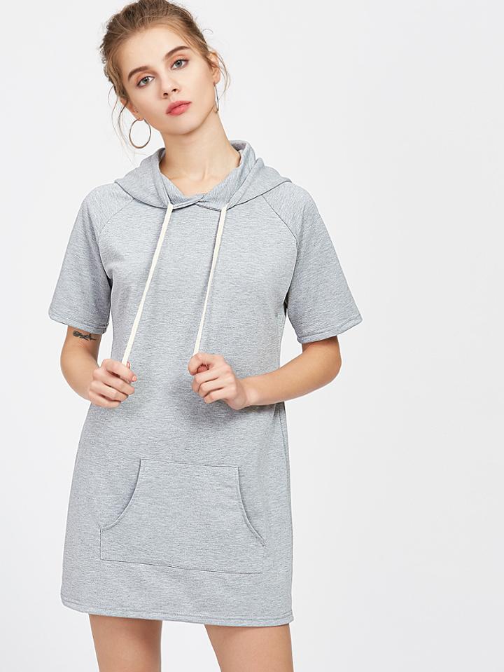 Romwe Heather Grey Hooded Raglan Sleeve Tee Dress