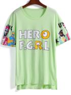 Romwe Dip Hem Letters Print Pale Green T-shirt