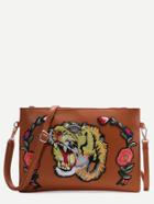 Romwe Brown Tiger Embroidered Patch Faux Leather Shoulder Bag