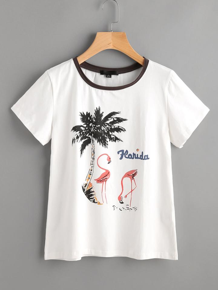 Romwe Contrast Neck Flamingo Print Tee