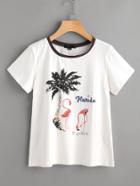 Romwe Contrast Neck Flamingo Print Tee