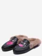 Romwe Black Embroidered Pu Fur Trim Loafer Slippers