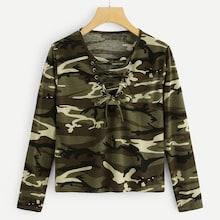 Romwe Lace Up Camo Print Tee