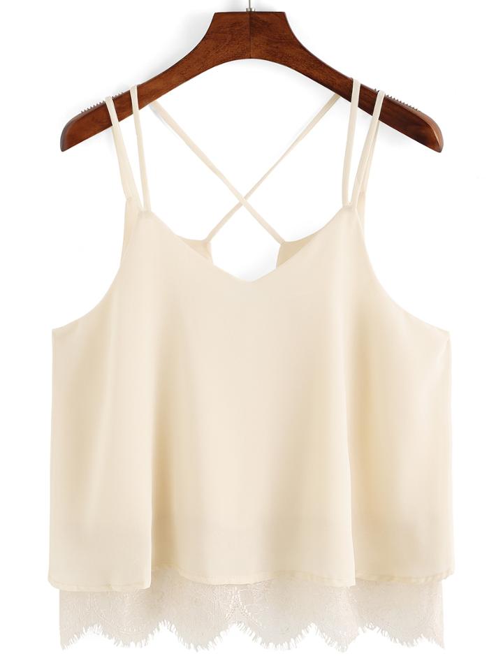 Romwe Apricot Spaghetti Strap Lace Chiffon Cami Top