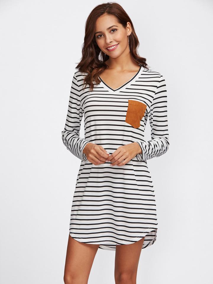 Romwe Contrast Suede Pocket Curved Hem Striped Tee Dress