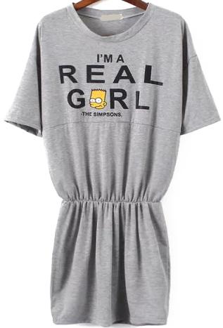 Romwe Simpson Letter Print Grey Dress