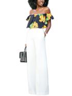 Romwe Contrast Flower Print Off The Shoulder Top With Pants