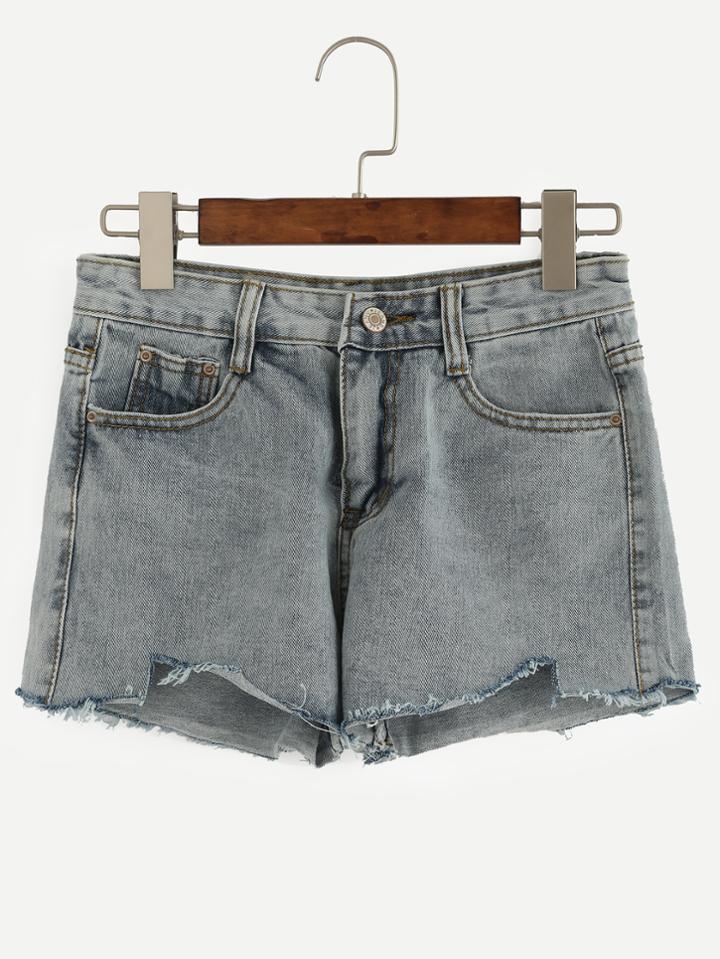 Romwe Asymmetric Raw Hem Denim Shorts