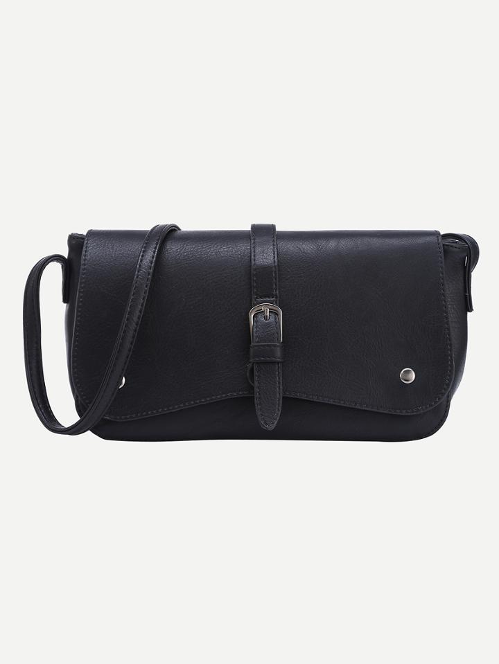 Romwe Buckled Strap Accent Flap Bag - Black