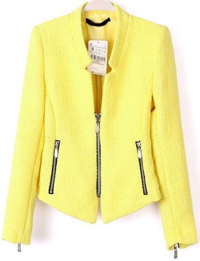 Romwe Stand Collar Zipper Crop Yellow Blazer