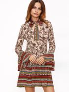 Romwe Multicolor Floral Print Cutout Tie Neck Bell Sleeve Dress