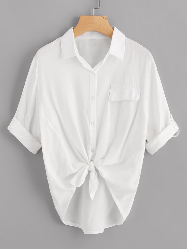 Romwe Rolled Sleeve Knot Front Dip Hem Shirt