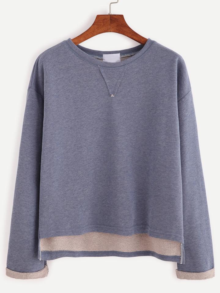 Romwe Blue High Low Drop Shoulder Seam Cuffed T-shirt