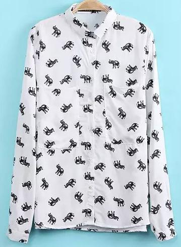 Romwe Elephant Print White Blouse