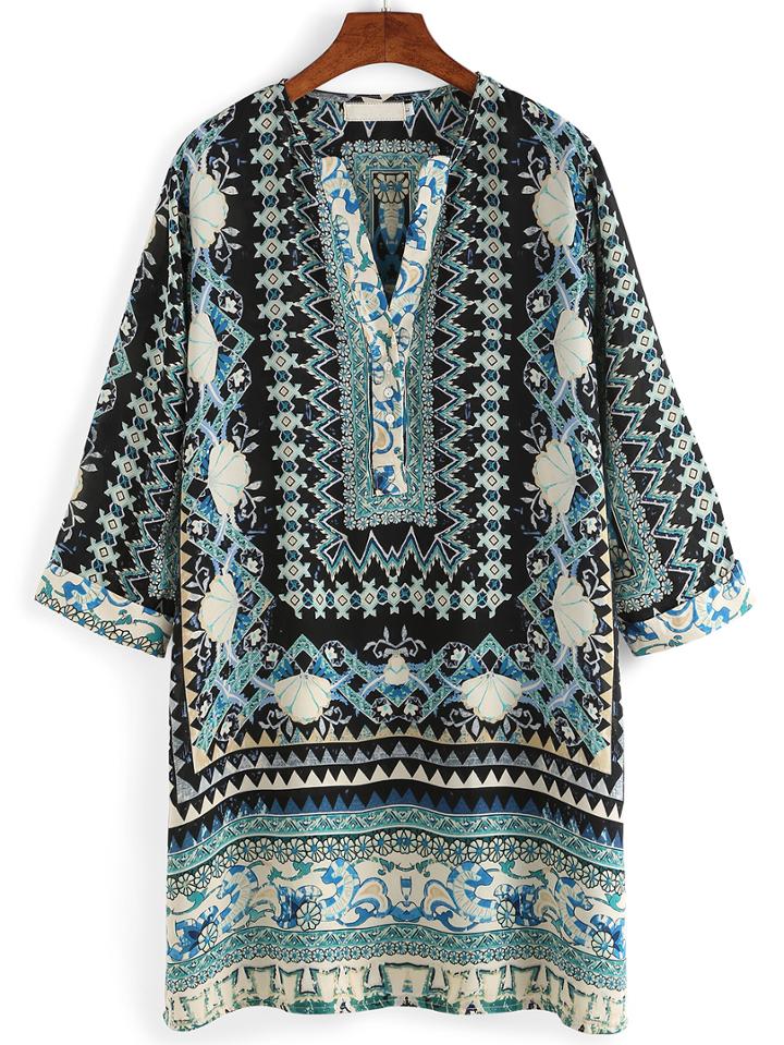 Romwe Green Tribal Print Buttoned Placket Tunic Dress