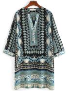 Romwe Green Tribal Print Buttoned Placket Tunic Dress