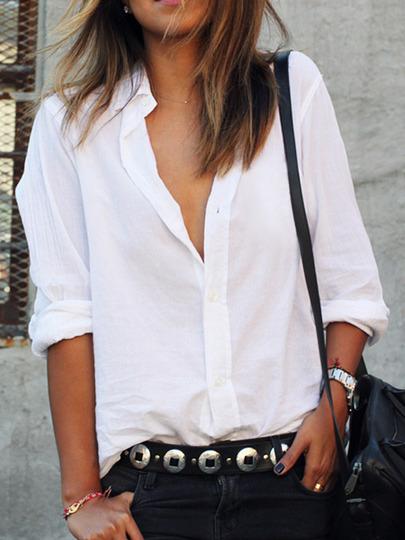 Romwe White Lapel Long Sleeve Buttons Blouse