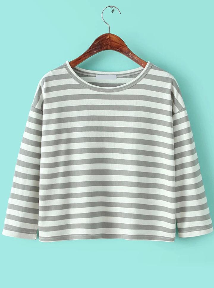 Romwe Striped Loose Grey T-shirt