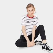 Romwe Striped Eyes Patched Tee