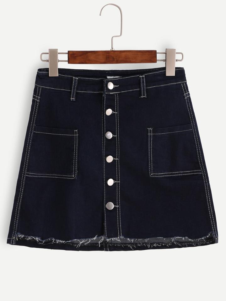 Romwe Dark Blue Single Breasted Denim A Line Skirt