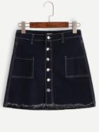 Romwe Dark Blue Single Breasted Denim A Line Skirt