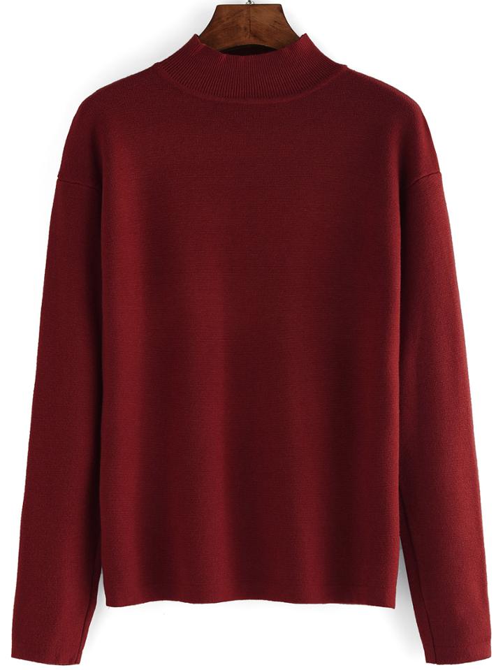Romwe High Neck Slim Burgundy Sweater
