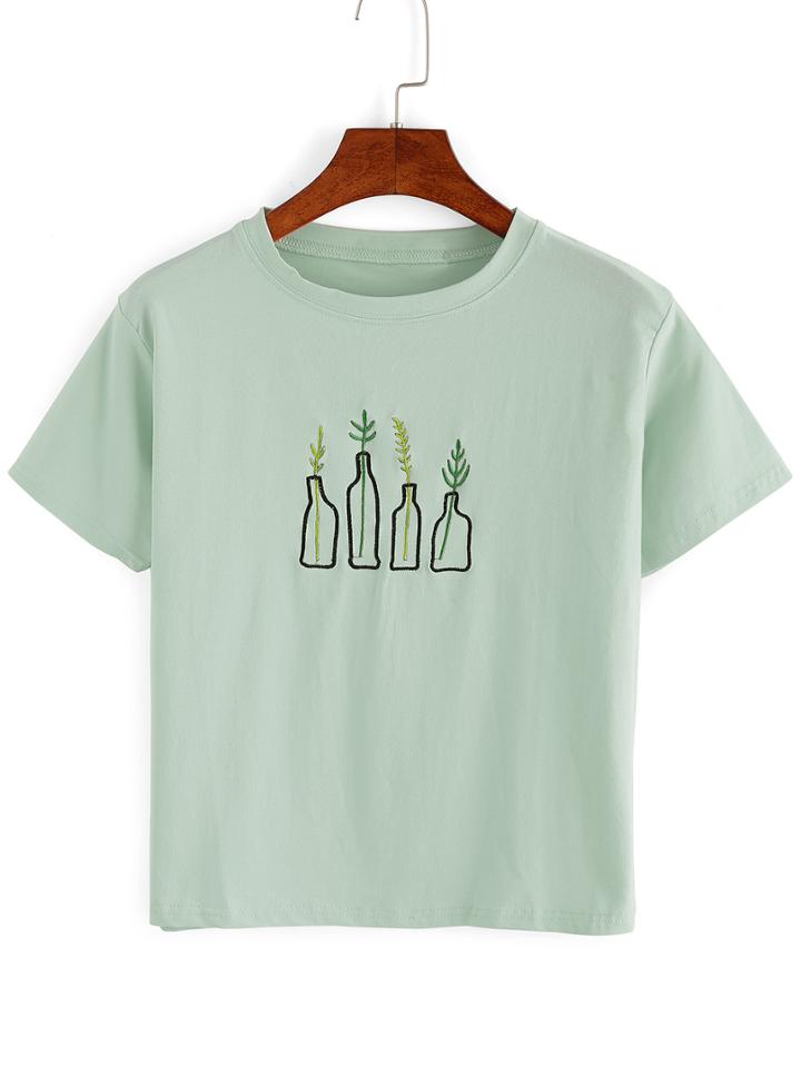 Romwe Green Plant Embroidered T-shirt