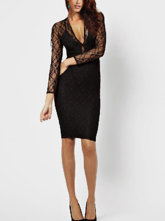 Romwe Deep-v Neck Lace Back Bodycon Dress