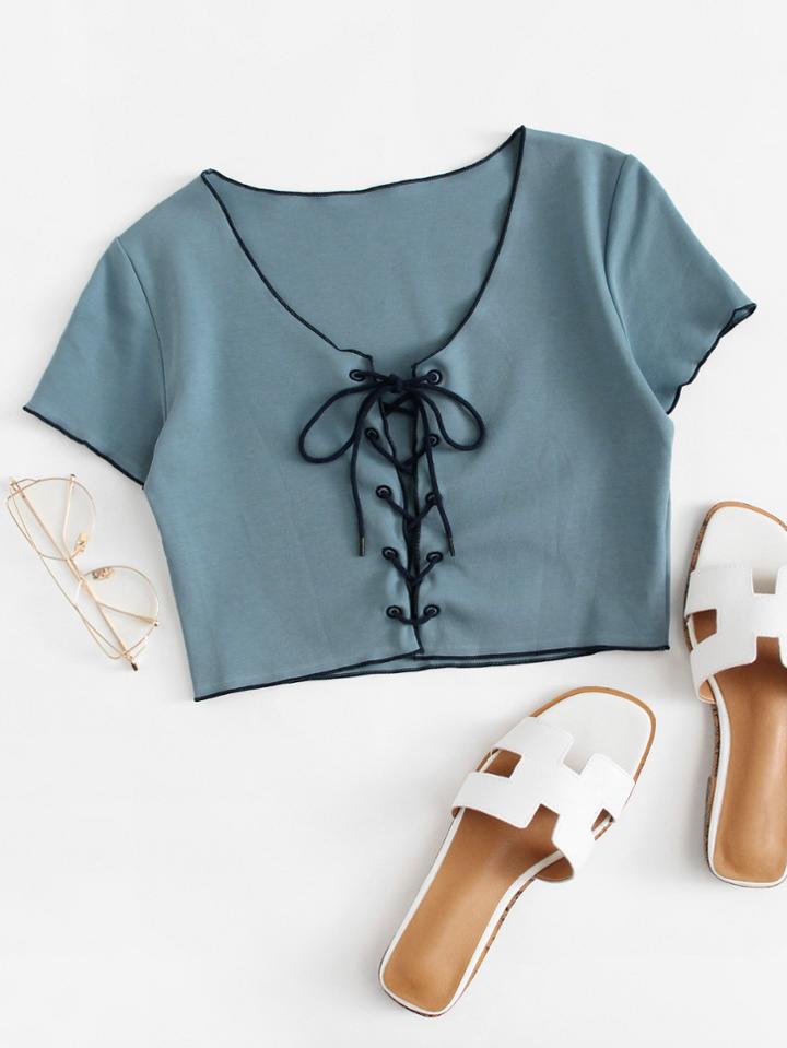Romwe Lace Up Crop Tee