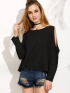 Romwe Black Open Shoulder Long Sleeve T-shirt