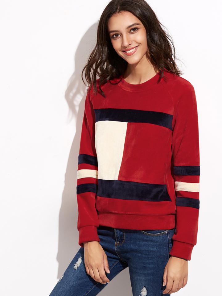 Romwe Color Block Raglan Sleeve Velvet Sweatshirt