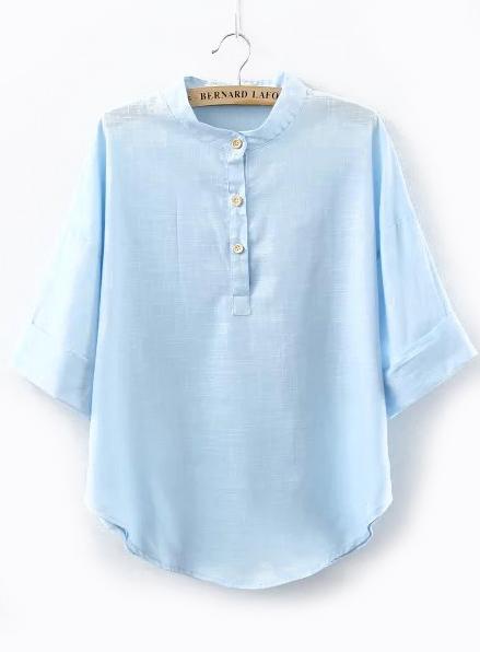 Romwe Stand Collar With Buttons Blue Blouse