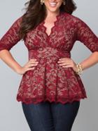 Romwe V Neck Scalloped Hem Lace Burgundy Blouse